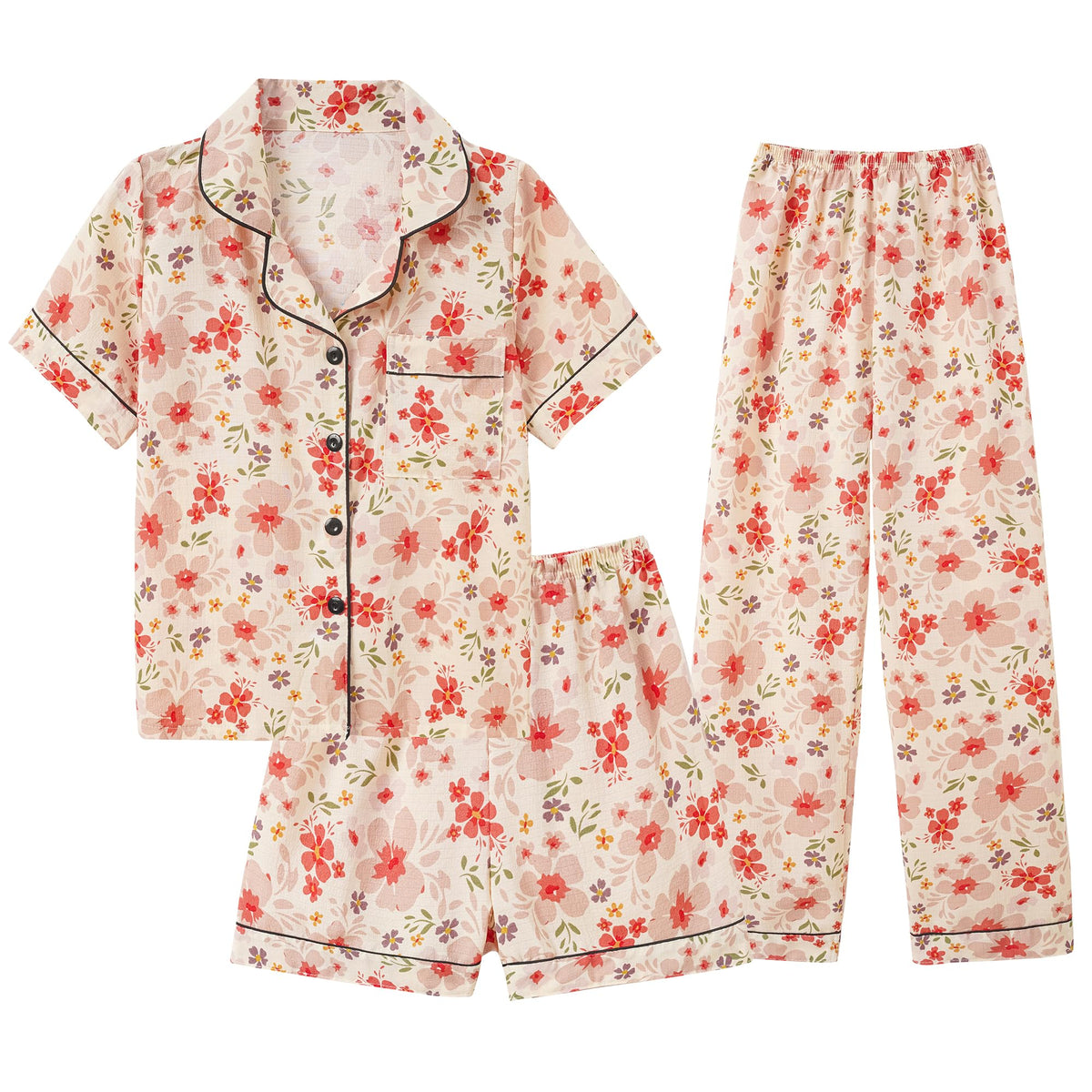 Hupohoi Big Girls Button Down Pajama Set 3pcs Crepe Fabric Sleepwear Nighty