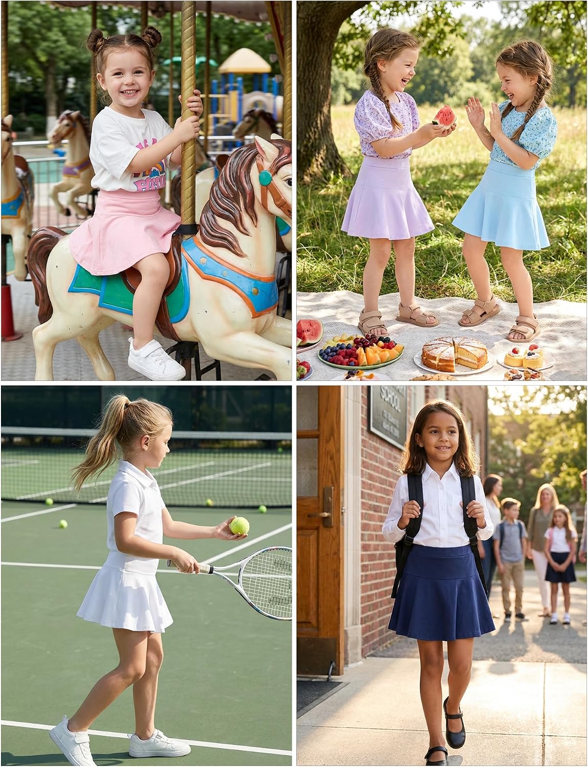 DREAM BUS 2 Pack Toddler Girls Skirts with Built-in Shorts, Cotton Pleated Tennis Skorts with Pocket for Little Girls