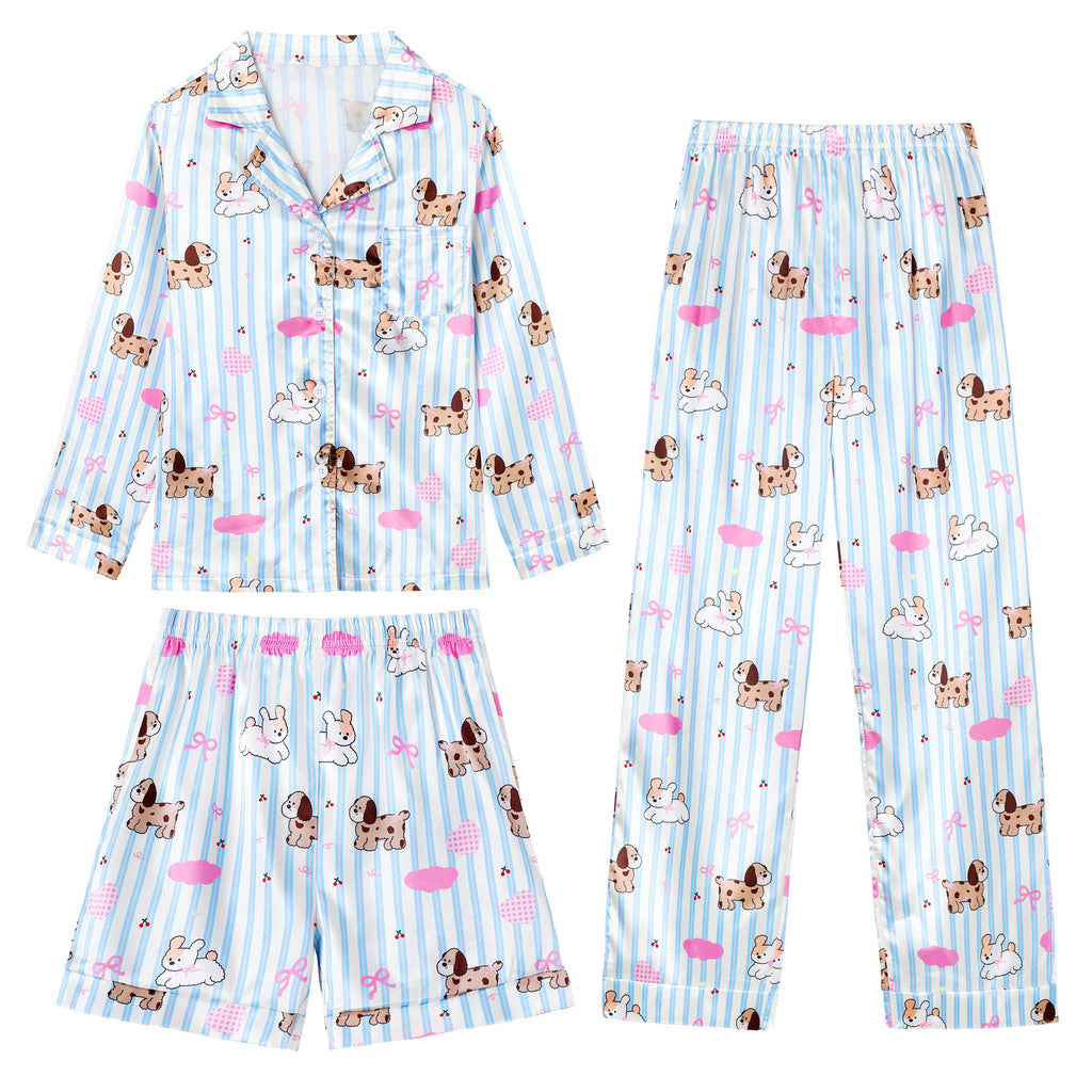 CARETOO Girls Pajamas 3 Piece Satin Long Sleeve Long Pants with Shorts PJs Set for Girls Kids Sleepwear 3-10 Years