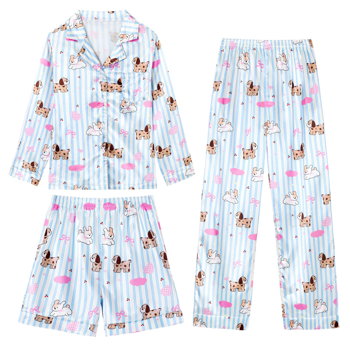 CARETOO Girls Pajamas 3 Piece Satin Long Sleeve Long Pants with Shorts PJs Set for Girls Kids Sleepwear 3-10 Years