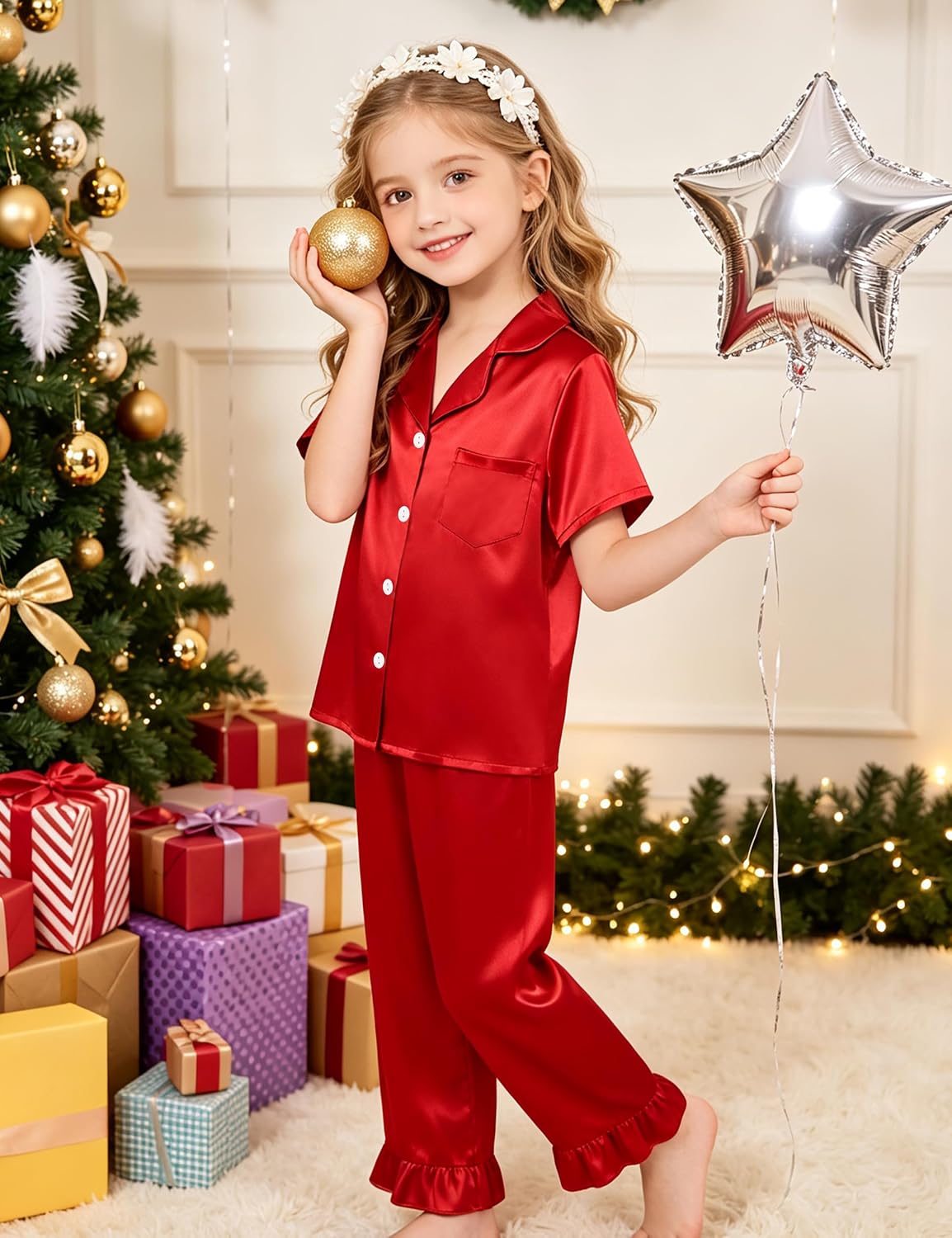 Kids Silk Pajamas Girls Satin Pajamas 3 Pcs Ruffle Girls Pjs Set