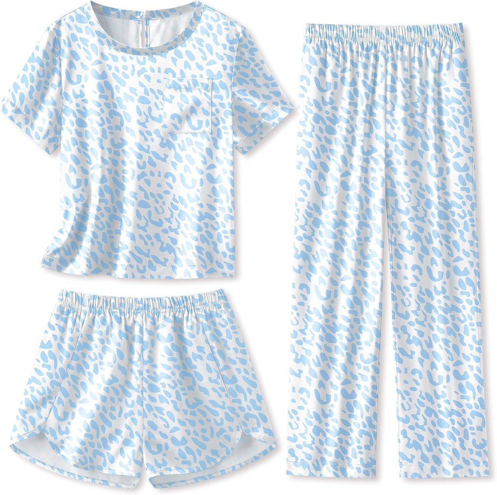 Arshiner Silky Girls Pajamas 3 Pcs Satin Short Sleeve Pjs Sleepwear Sets