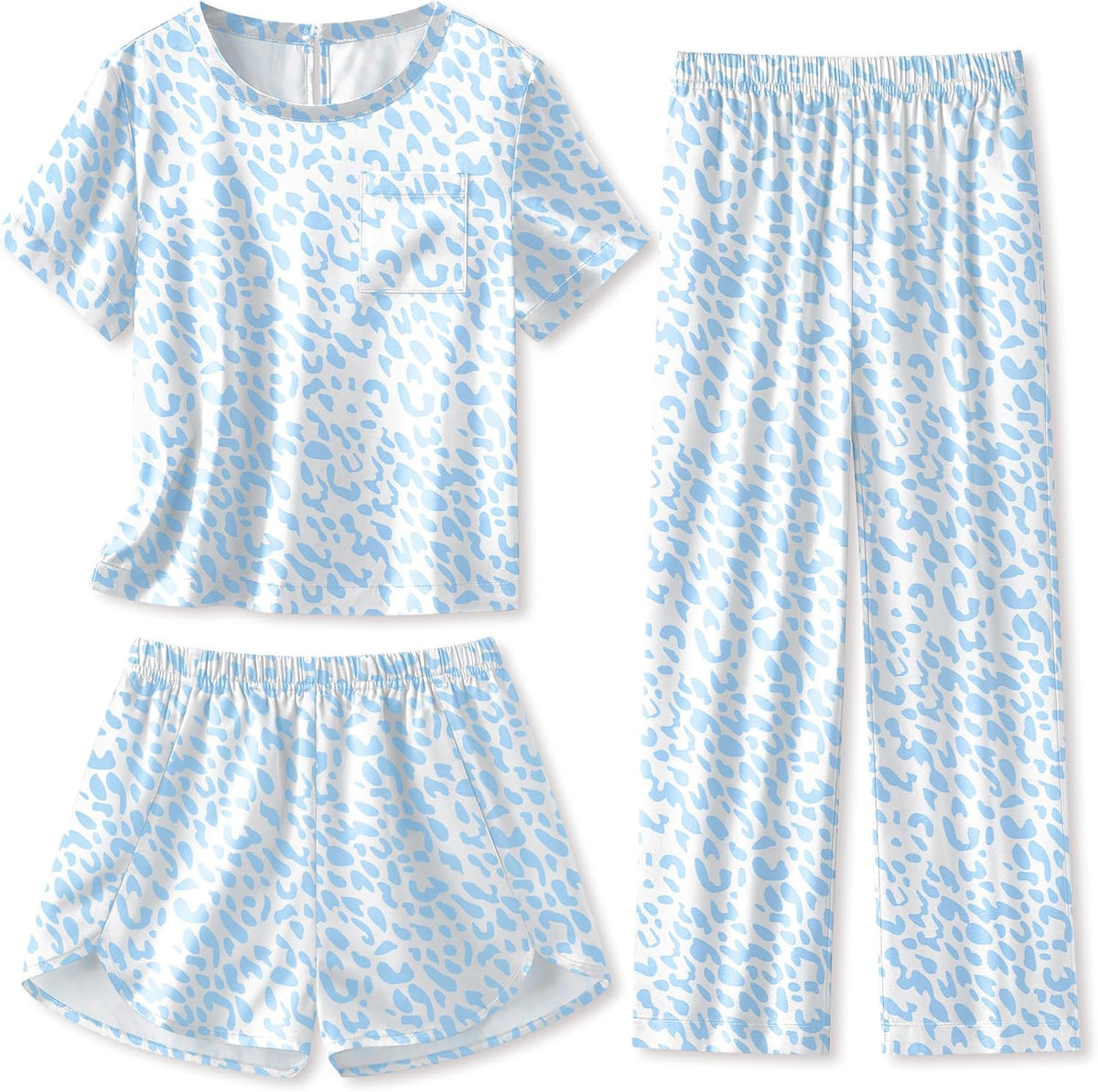 Arshiner Silky Girls Pajamas 3 Pcs Satin Short Sleeve Pjs Sleepwear Sets