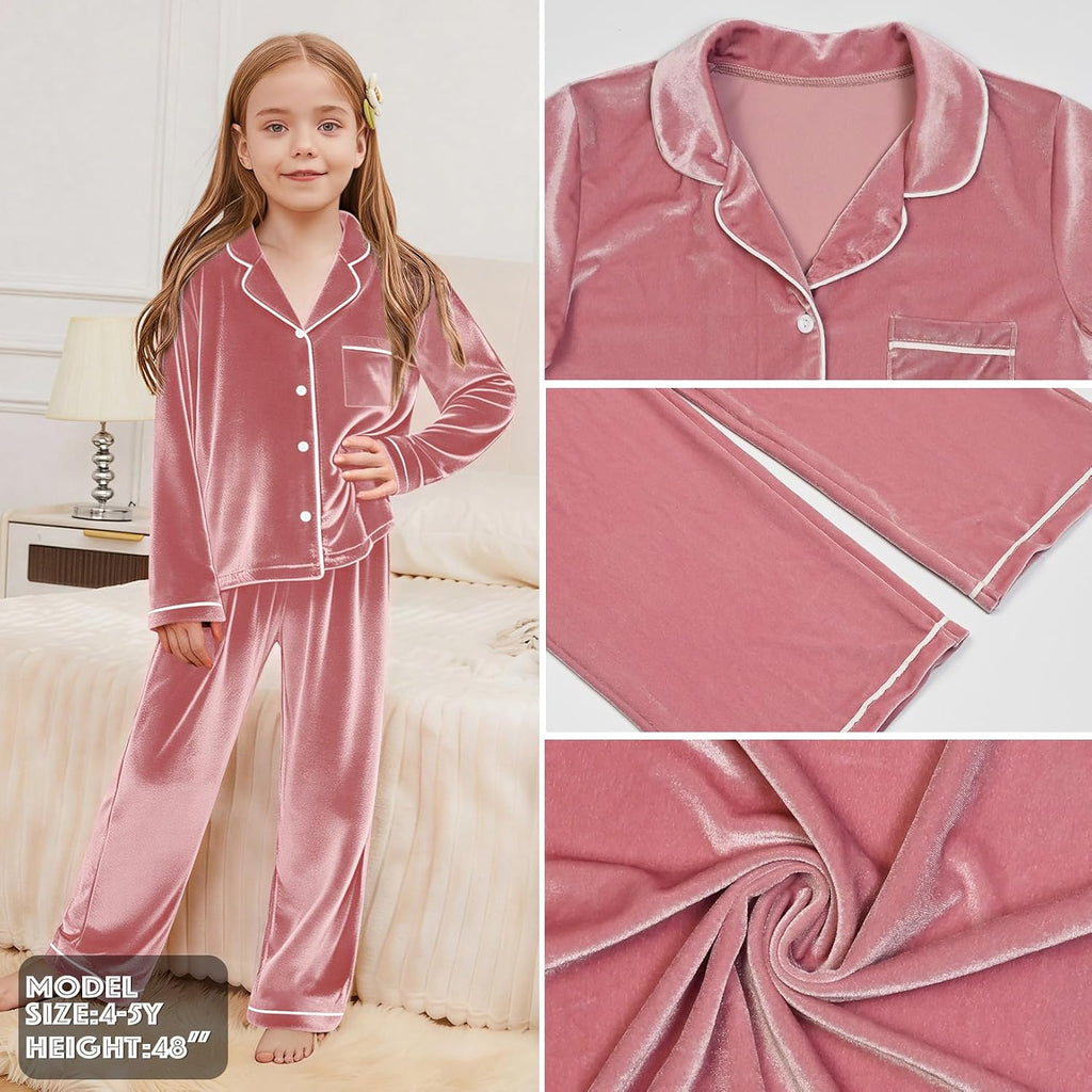 QPANCY Girls Pajamas Set Kids Velvet Button Down Pjs Long Sleeve Pants