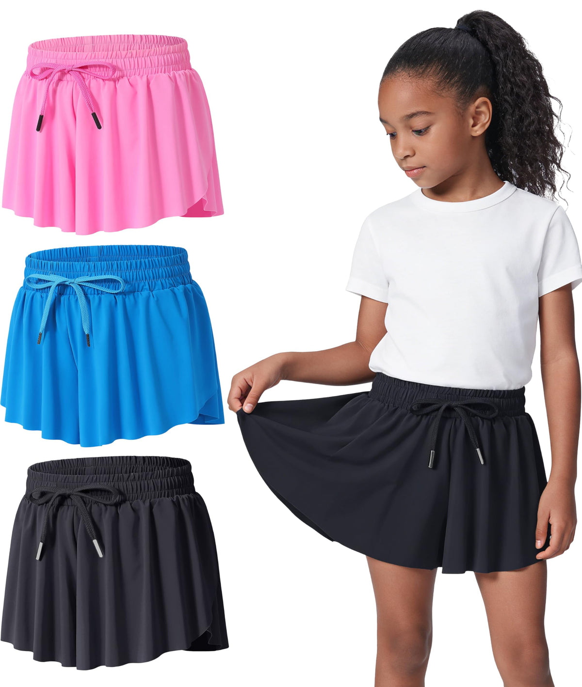 2-3 Pack Girls Flowy Butterfly Shorts with Pockets Liner 2 in 1 Skirt for Fitness, Athletic Running Sports