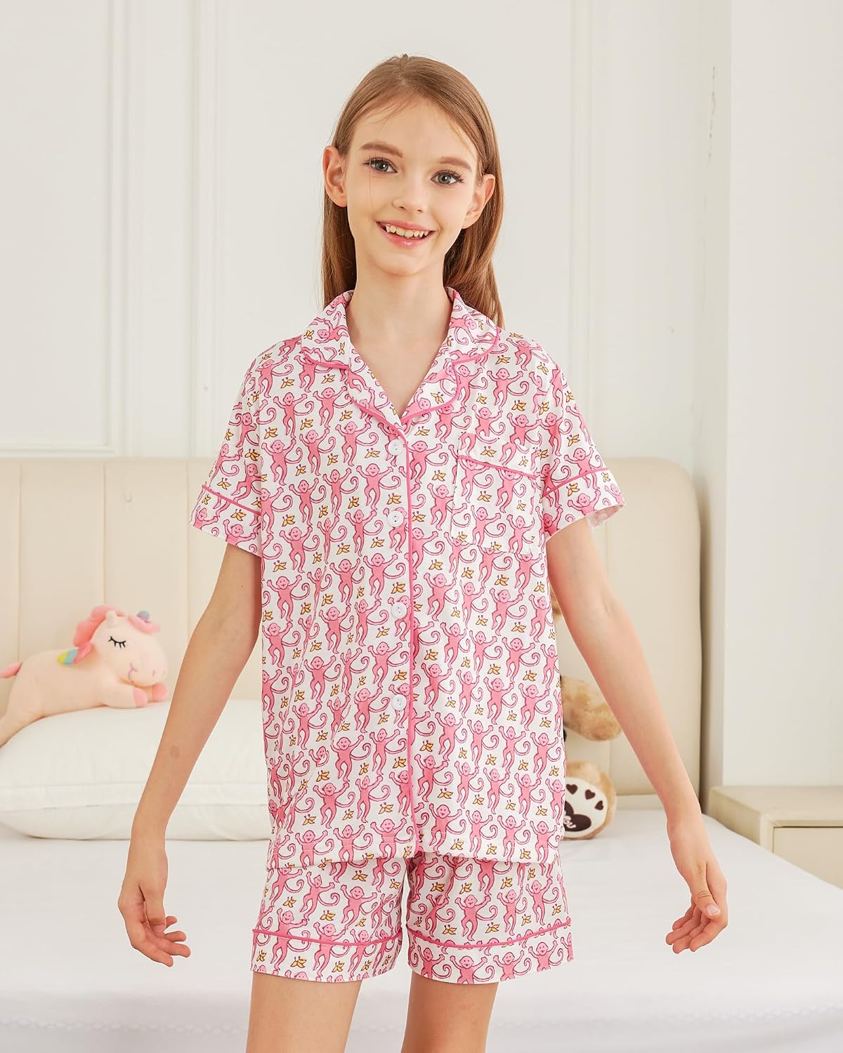 Girls Pajamas Sets, Kids Monkey Button Down Sleepover Loungewear