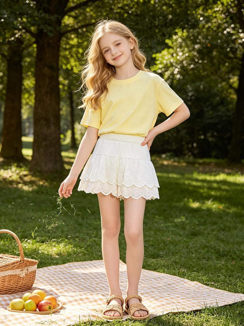 Girls Ruffle Layered Shorts Eyelet Lace Skorts Elastic Waist Flowy for Toddler