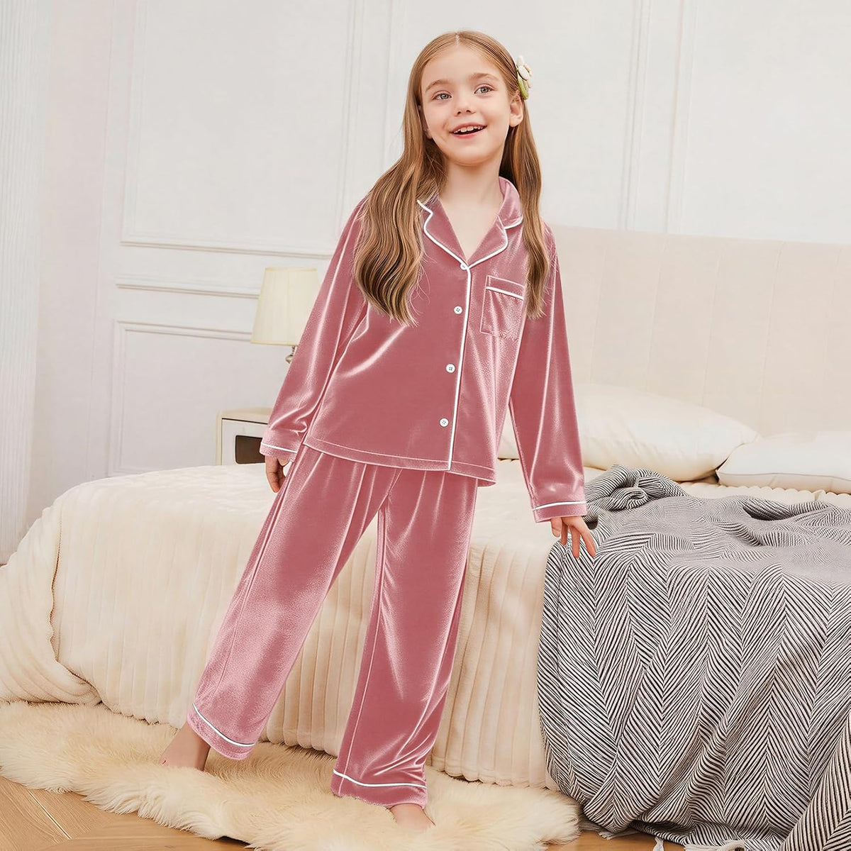 QPANCY Girls Pajamas Set Kids Velvet Button Down Pjs Long Sleeve Pants