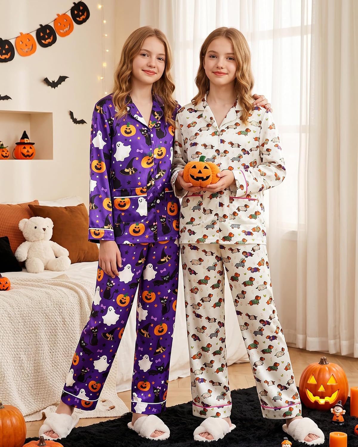 CARETOO Girls Pajama Set Satin Button-Down Long Sleeve Soft Sleepwear 5-14Y