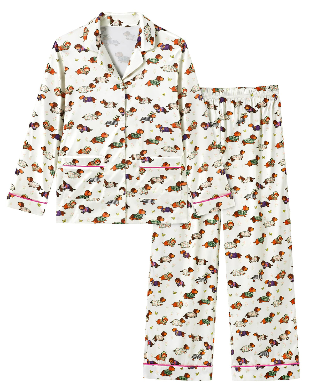CARETOO Girls Pajama Set Satin Button-Down Long Sleeve Soft Sleepwear 5-14Y