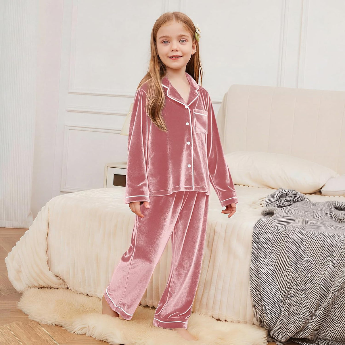 QPANCY Girls Pajamas Set Kids Velvet Button Down Pjs Long Sleeve Pants