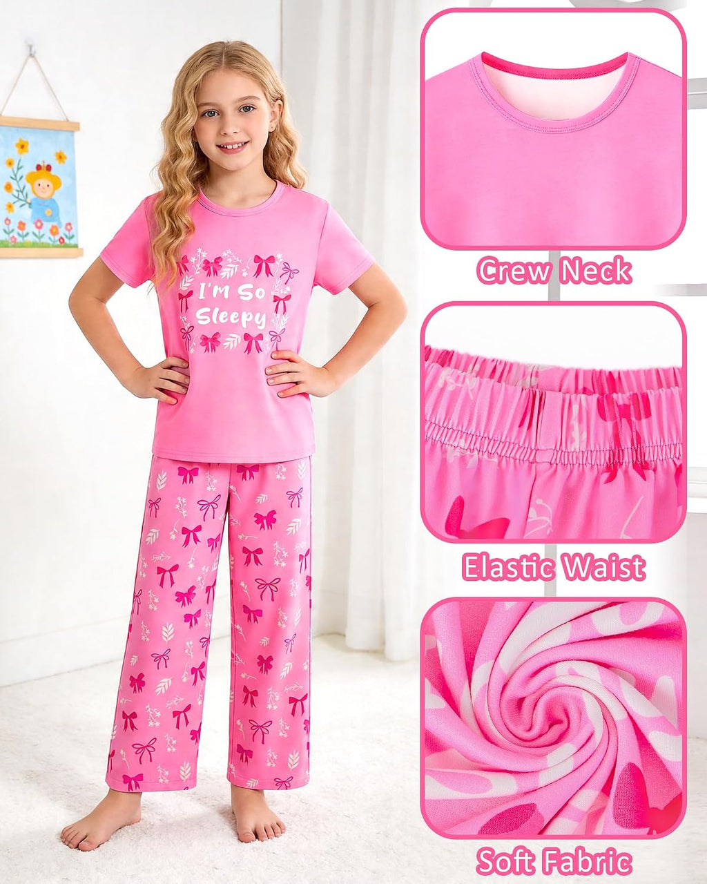 Girls Pajamas Short Sleeve Pants Pjs for Big Girls Sleepwear Kids Clothes Sets Cute Soft Loungewear Size 7-14