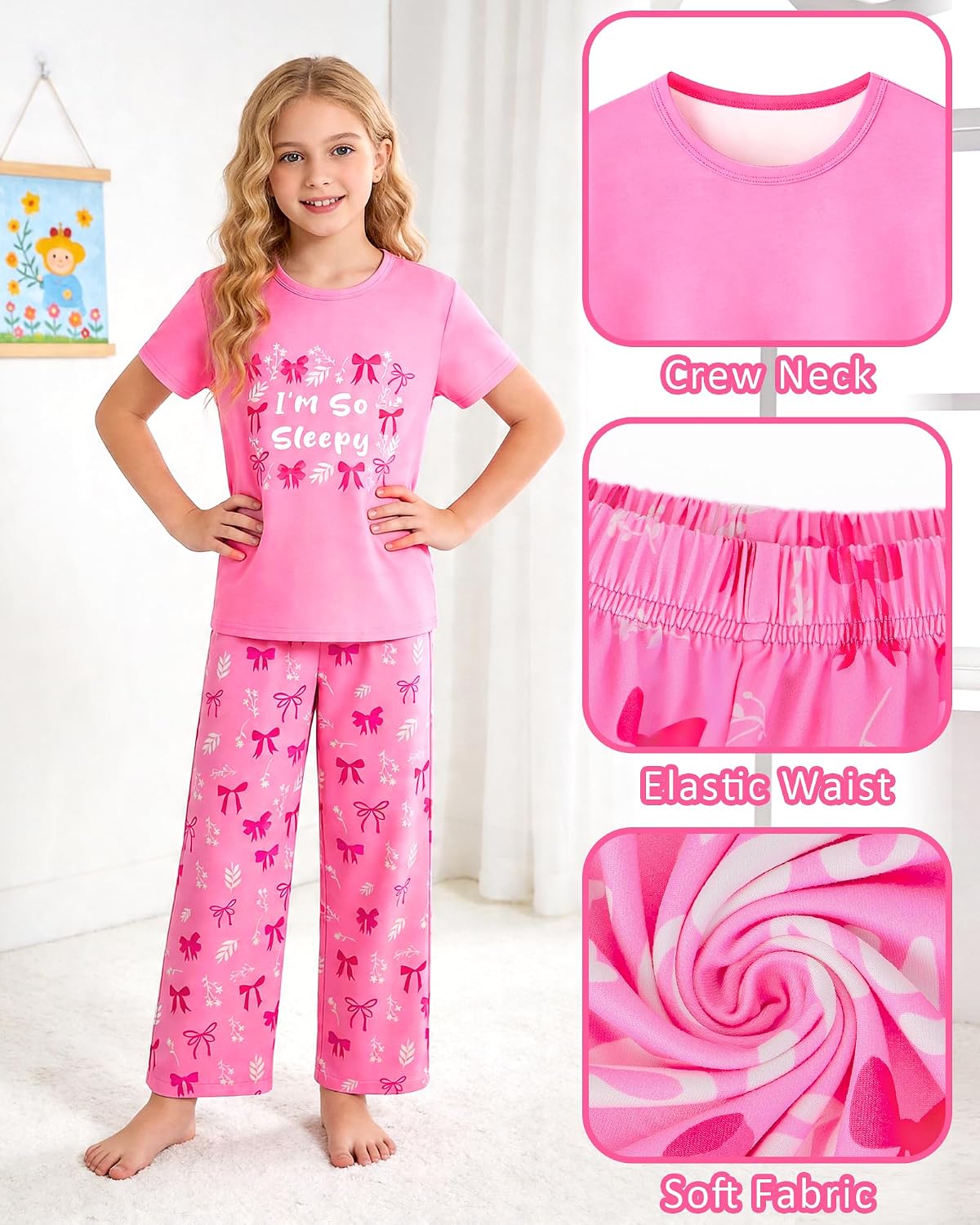Girls Pajamas Short Sleeve Pants Pjs for Big Girls Sleepwear Kids Clothes Sets Cute Soft Loungewear Size 7-14