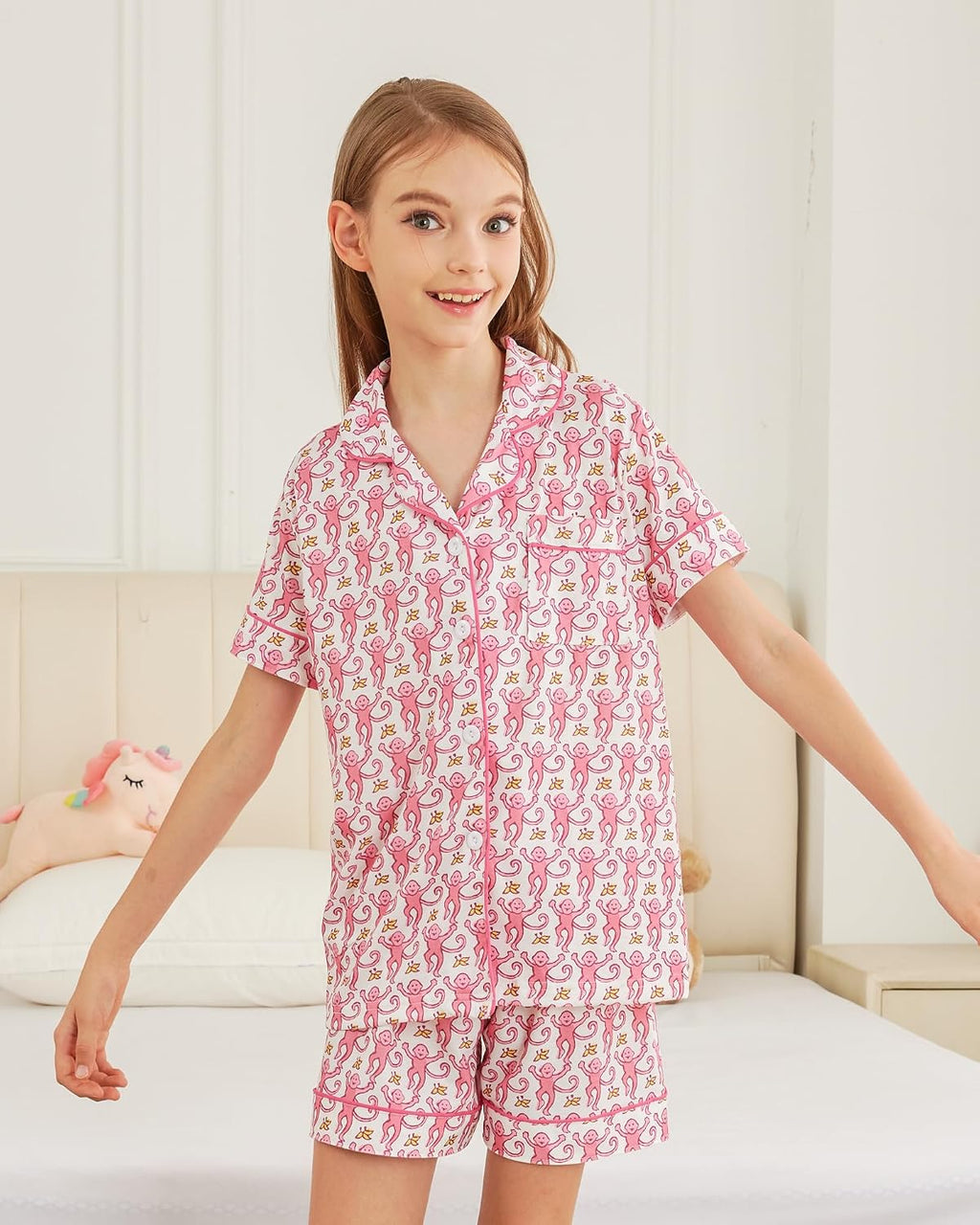 Girls Pajamas Sets, Kids Monkey Button Down Sleepover Loungewear