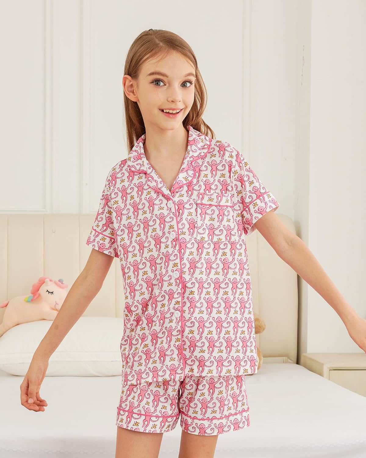 Girls Pajamas Sets, Kids Monkey Button Down Sleepover Loungewear