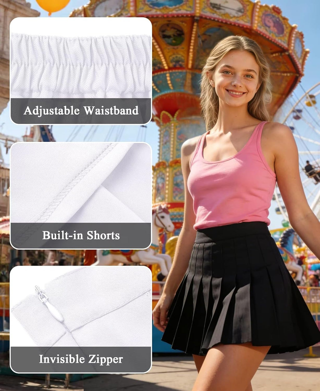 Girls' Pleated Skirts High-Waist A-line Skirt with Built-in Shorts 6-14Y
