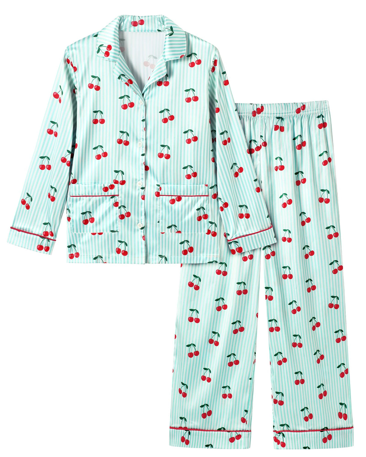 CARETOO Girls Pajama Set Satin Button-Down Long Sleeve Soft Sleepwear 5-14Y