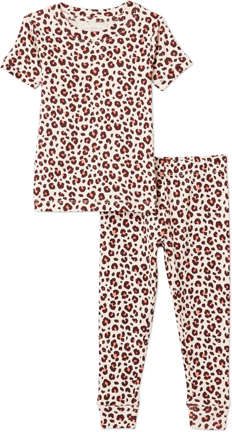 Amazon Essentials Girls' Snug-Fit Cotton Pajama Set, Short-Sleeve T-Shirt and Pants