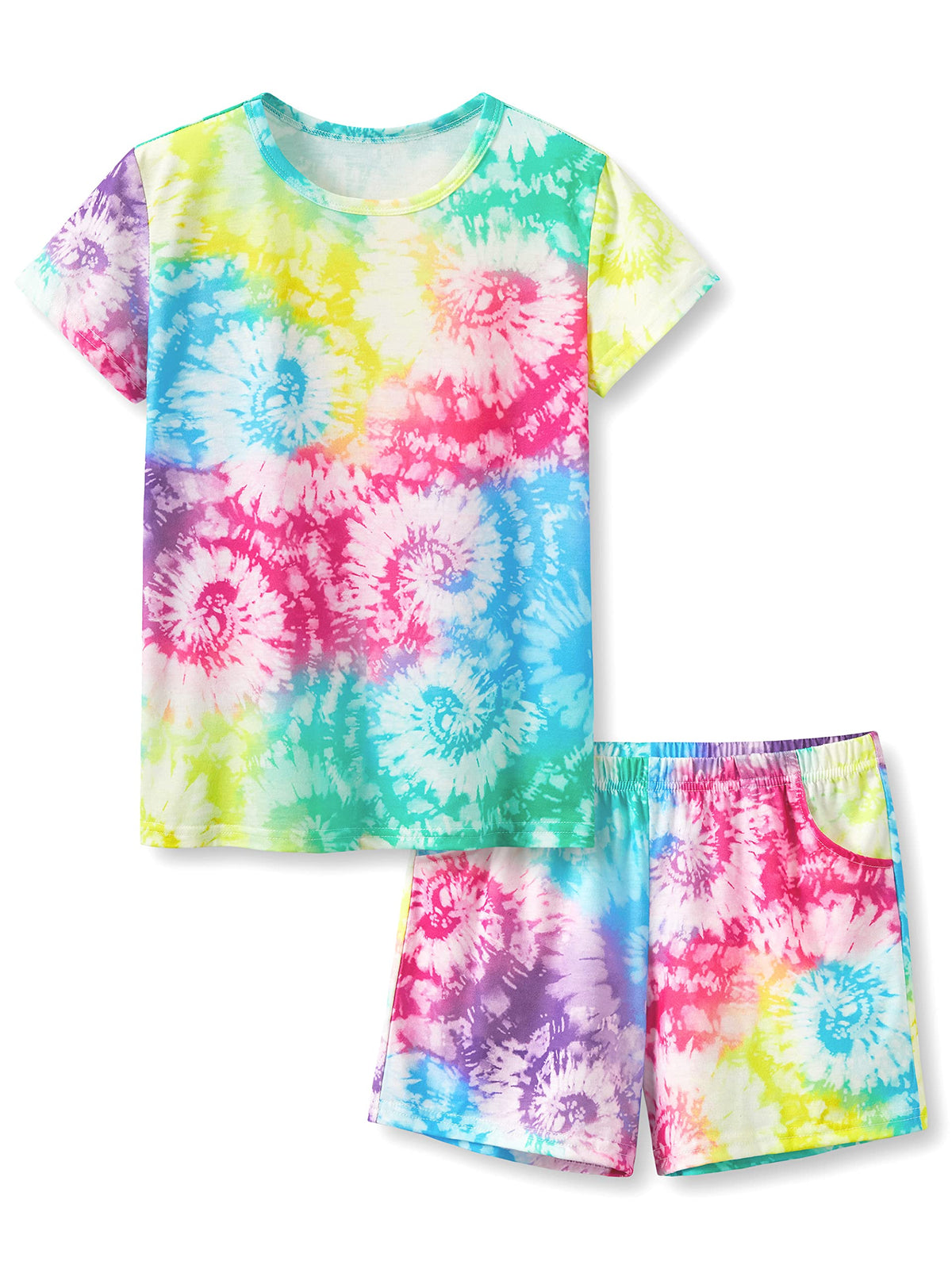 Beezizac Girls Pajamas Neon Tie Dye Spiral Capybara Smiling Face Print T-shirt & Shorts 2-Piece Soft PJ Set Size 6-18