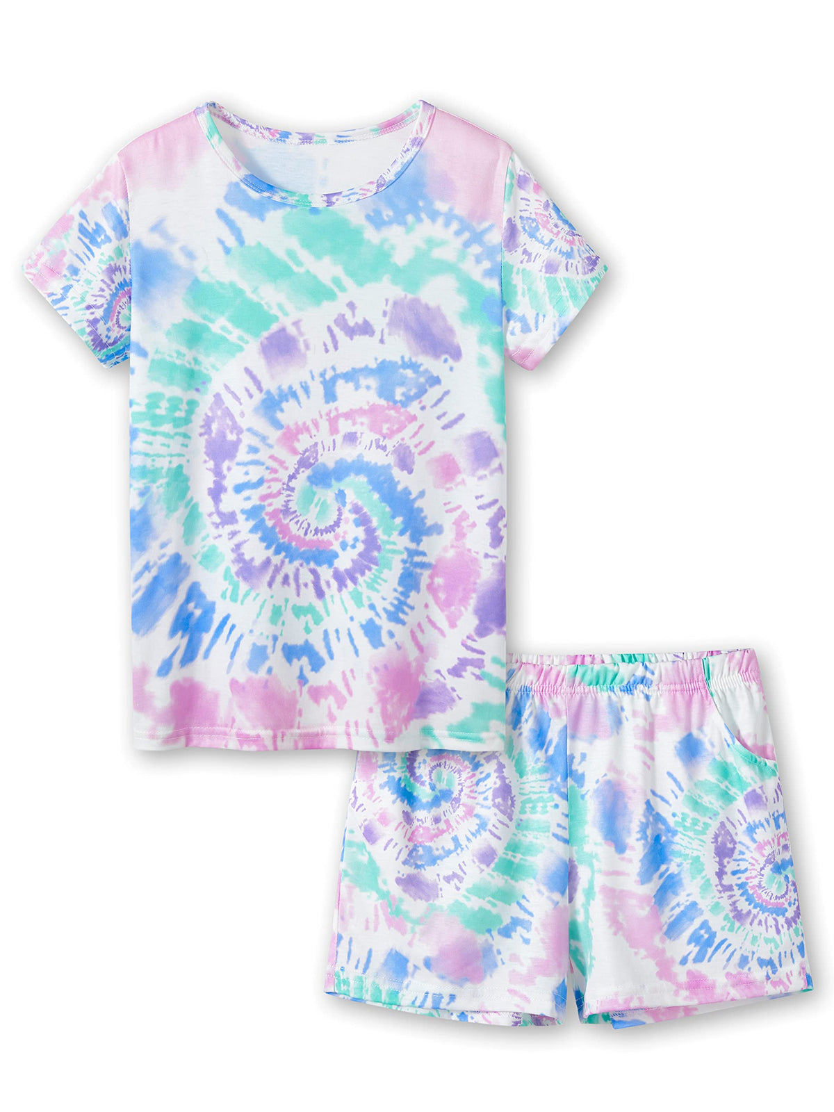Beezizac Girls Pajamas Neon Tie Dye Spiral Capybara Smiling Face Print T-shirt & Shorts 2-Piece Soft PJ Set Size 6-18