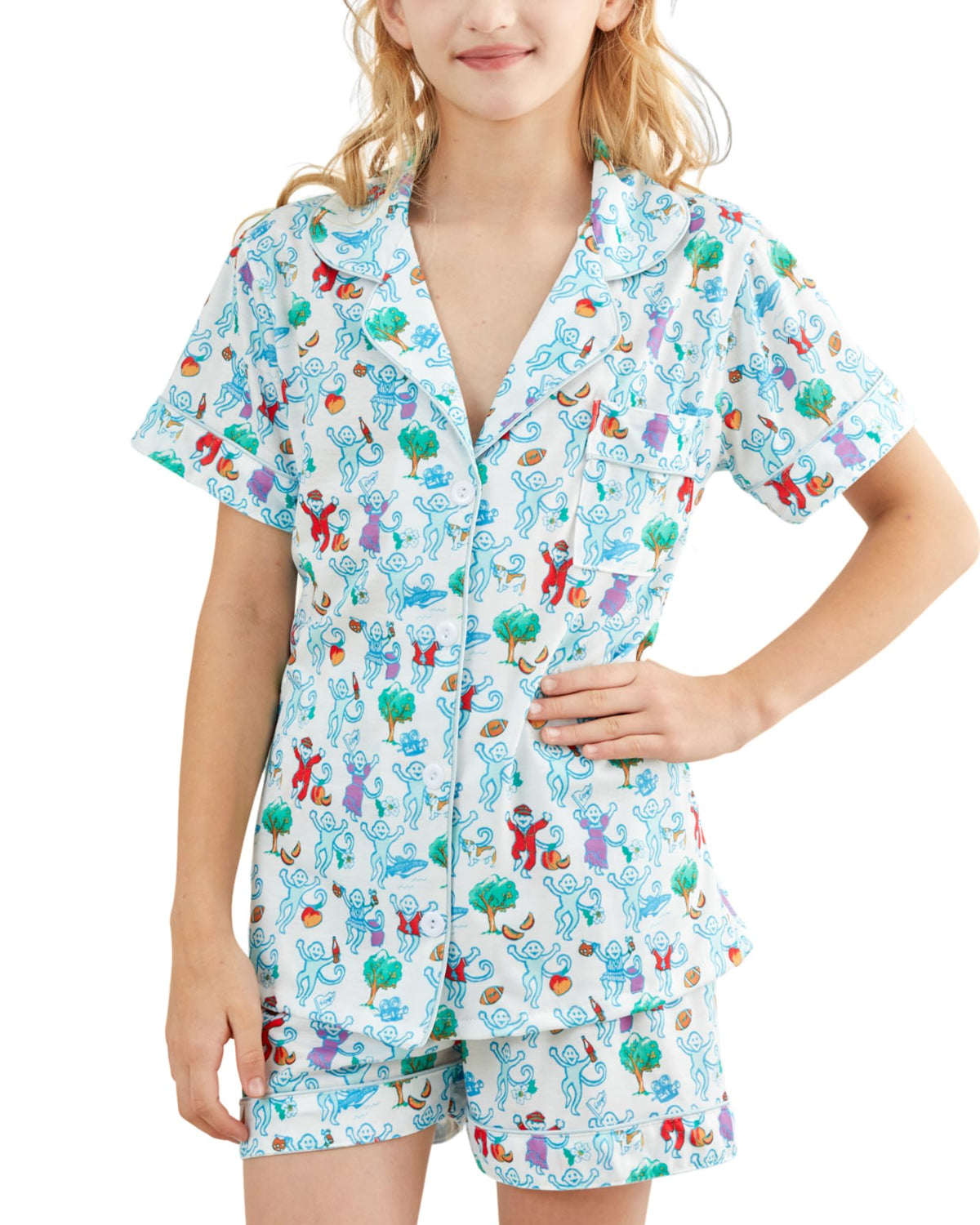 Girls Pajamas Sets, Kids Monkey Button Down Sleepover Loungewear