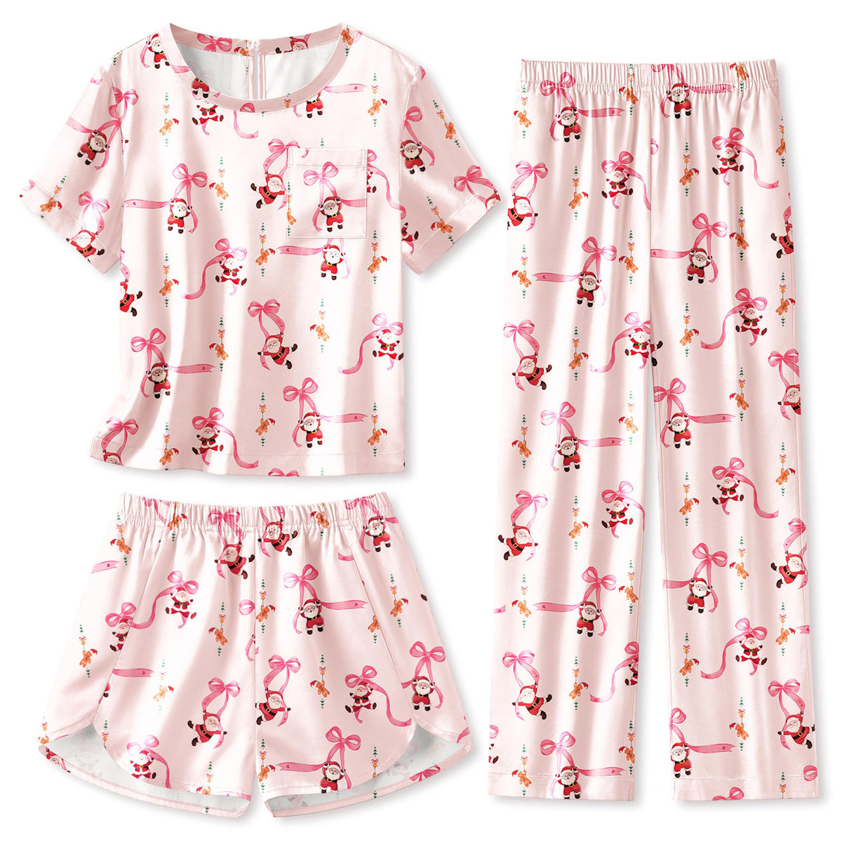 Arshiner Silky Girls Pajamas 3 Pcs Satin Short Sleeve Pjs Sleepwear Sets