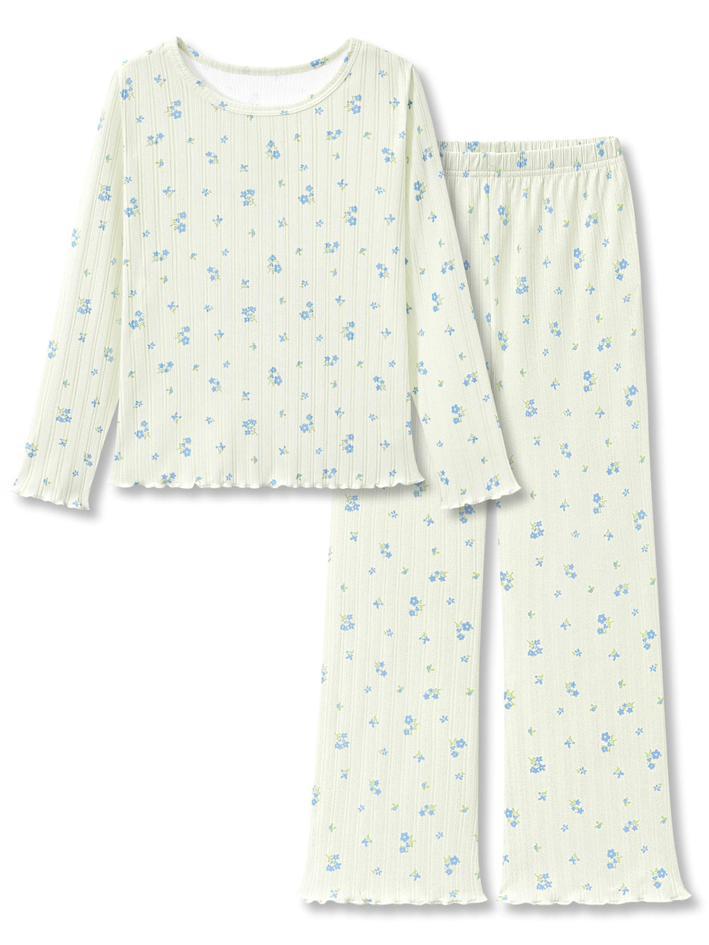 Beezizac Girls Pointelle Pajamas Long Sleeve Wide Leg 2-Piece Set Size 6-18