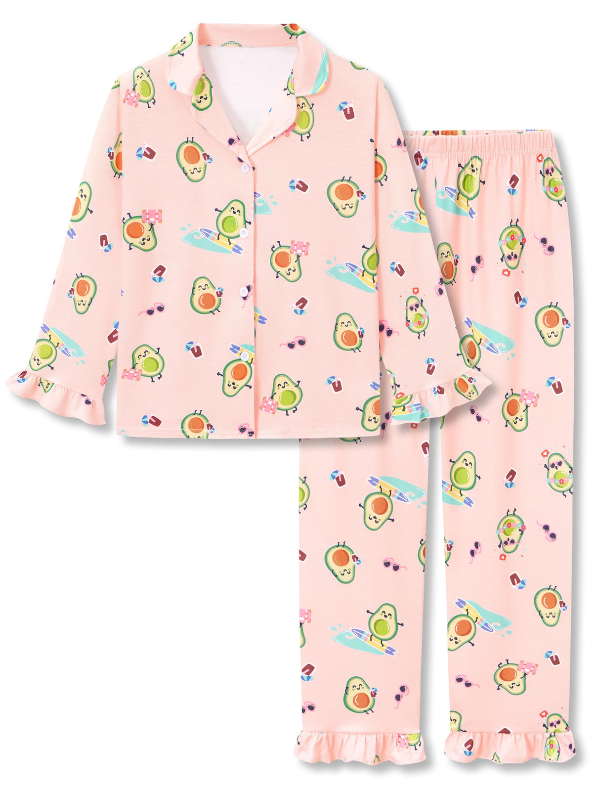 Beezizac Girls Cartoon Ruffle Long Sleeve Button Down Pajama Set Sizes 6-18