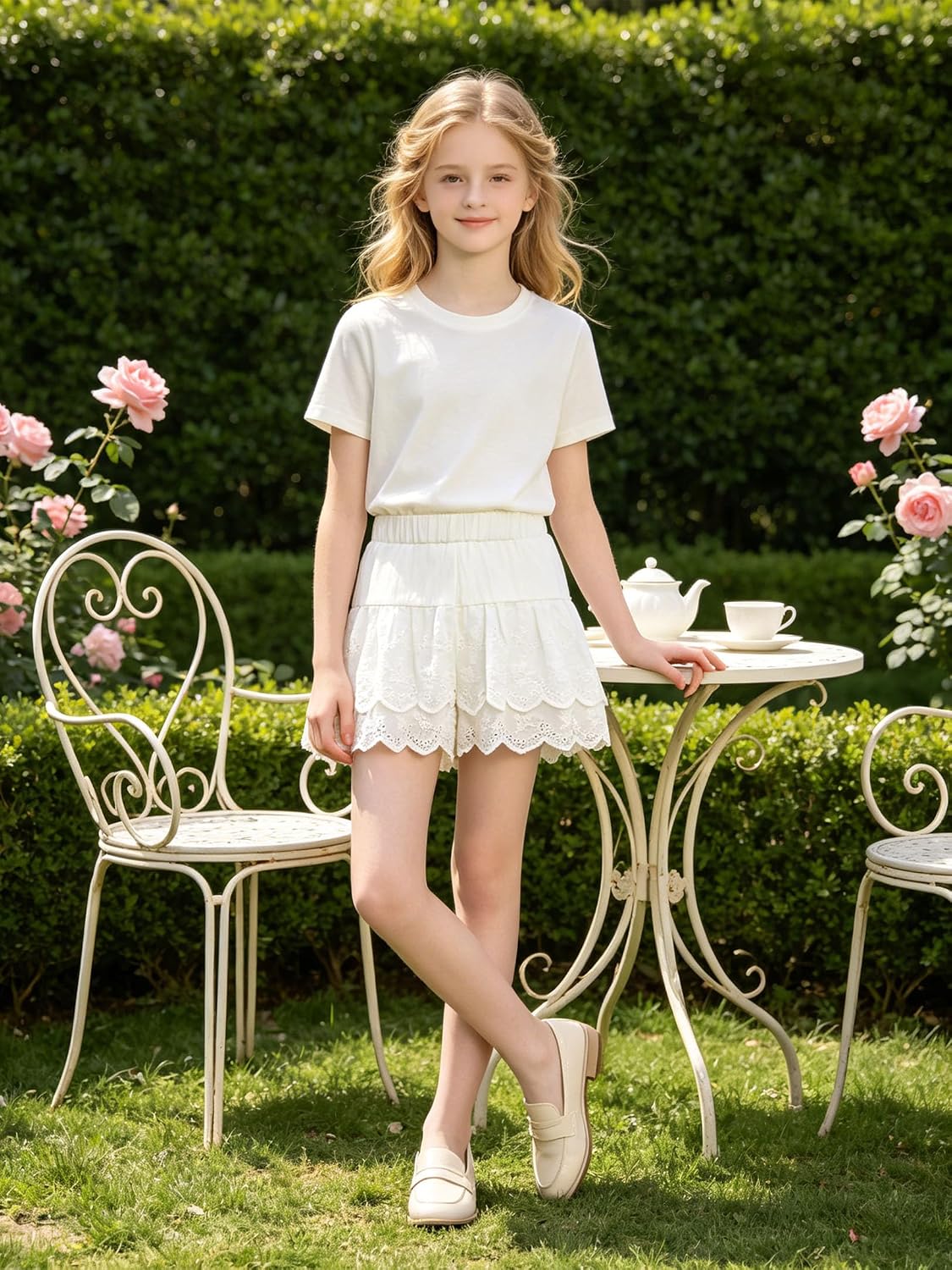 Girls Ruffle Layered Shorts Eyelet Lace Skorts Elastic Waist Flowy for Toddler