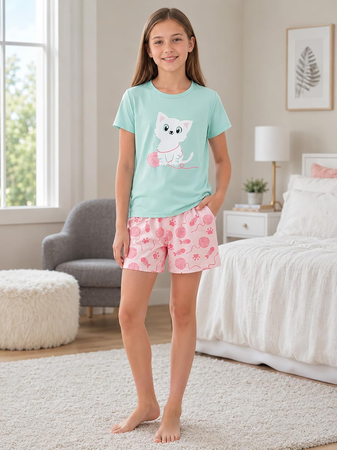 Beezizac Girls Cotton Blend Pajamas Cute Print Short Sleeve Set 4T-18