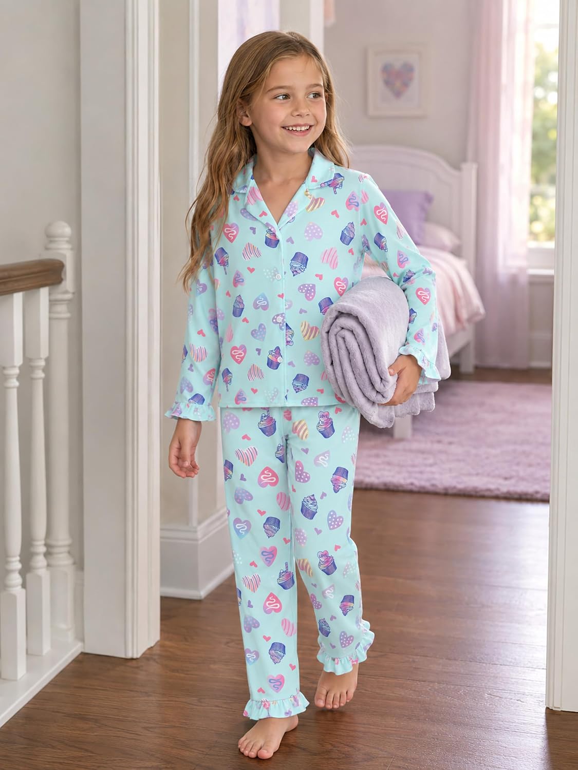 Beezizac Girls Cartoon Ruffle Long Sleeve Button Down Pajama Set Sizes 6-18