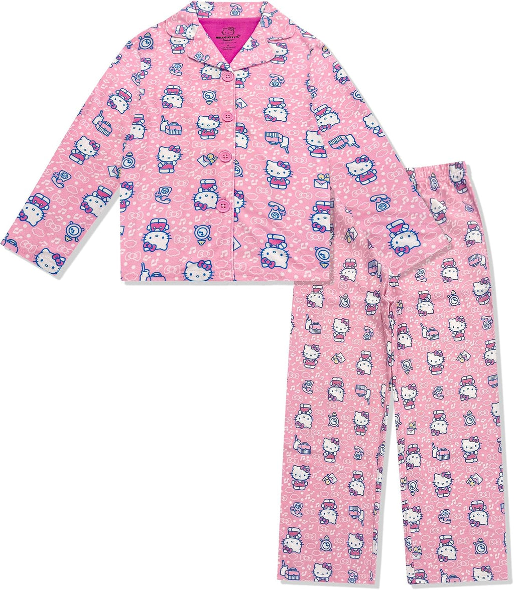 Hello Kitty and Friends Girls Pajama Set - 2 Piece Cozy Girls Pjs Button Down Long Sleeve & Pants For Kids - Official Product