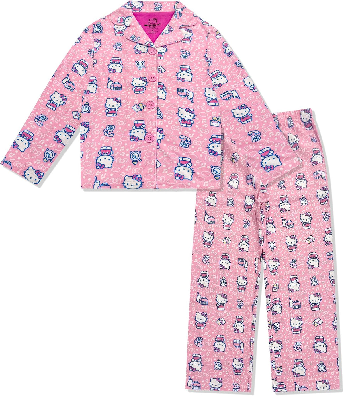 Hello Kitty and Friends Girls Pajama Set - 2 Piece Cozy Girls Pjs Button Down Long Sleeve & Pants For Kids - Official Product