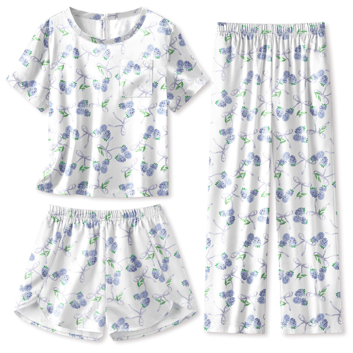 Arshiner Silky Girls Pajamas 3 Pcs Satin Short Sleeve Pjs Sleepwear Sets
