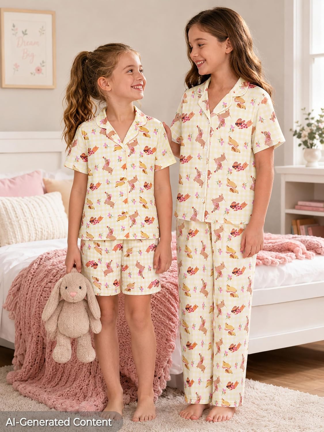 Topgal Girls 3PC Bow Puppy Pajamas, Button Up Short Sleeve PJs, Sizes 6-18