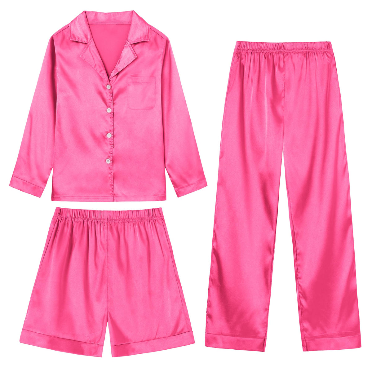 CARETOO Girls Pajamas 3 Piece Satin Long Sleeve Long Pants with Shorts PJs Set for Girls Kids Sleepwear 3-10 Years