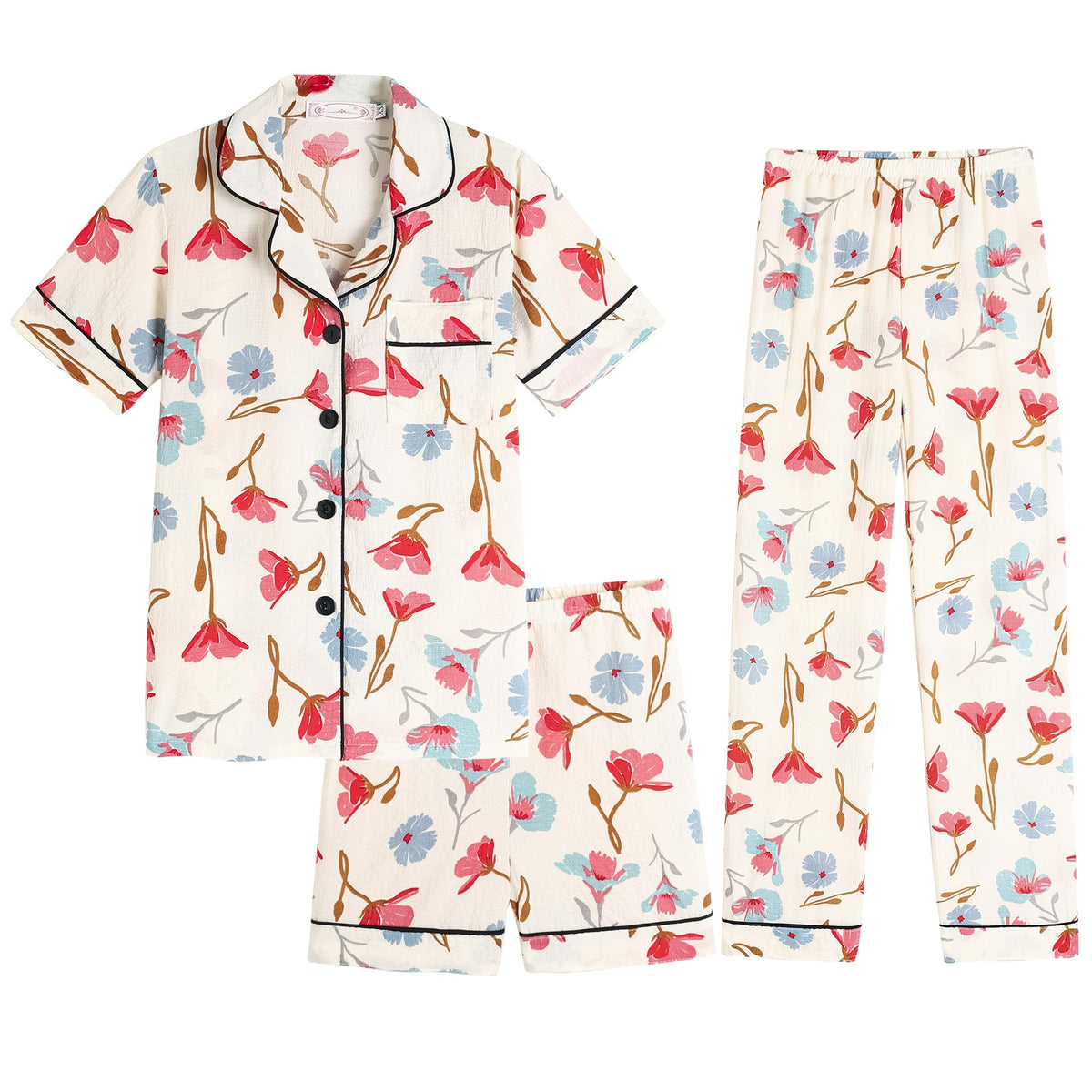 Hupohoi Big Girls Button Down Pajama Set 3pcs Crepe Fabric Sleepwear Nighty