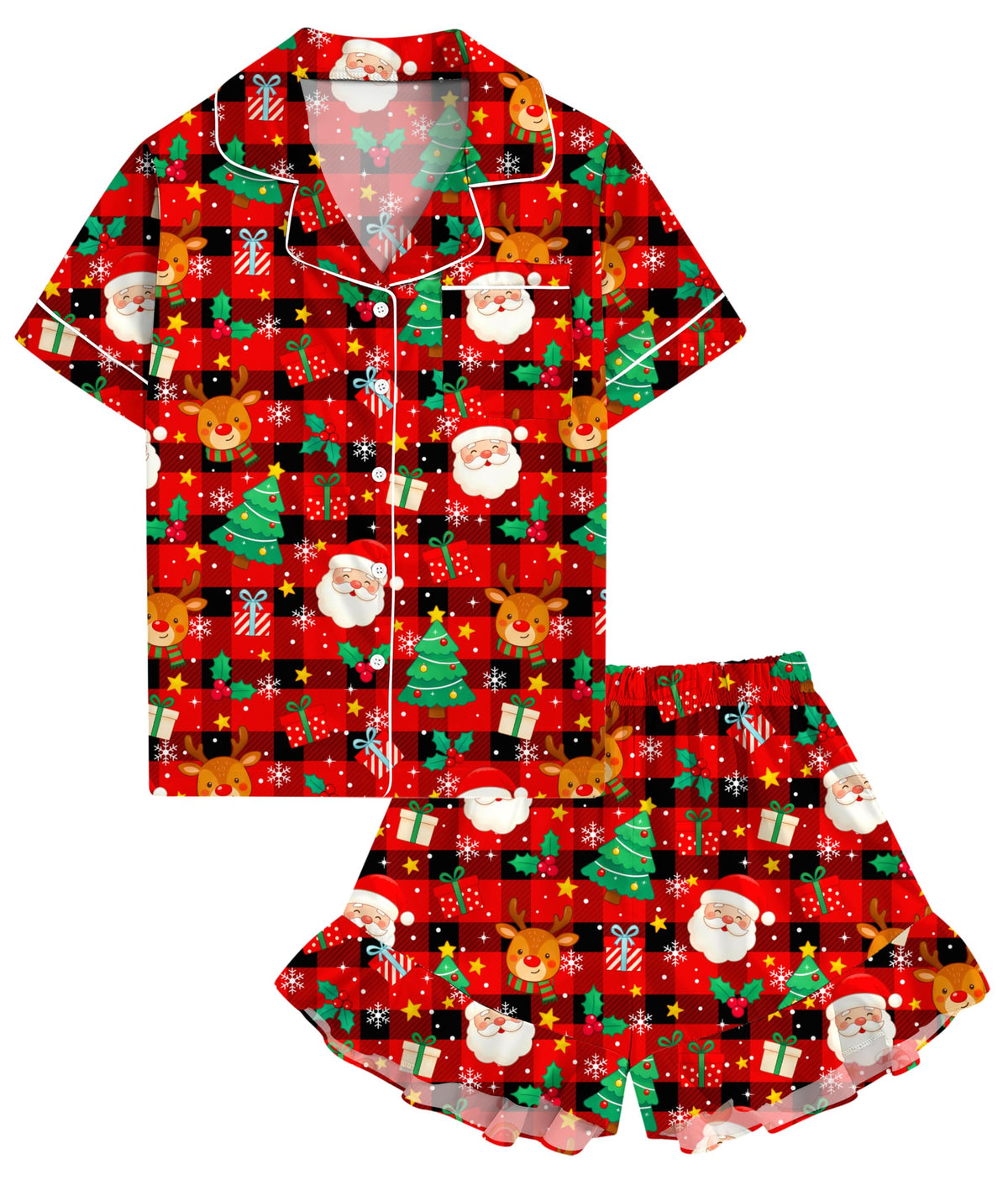 UNIFACO Girls Silk Satin Pajama Set, Short Sleeve Button Down PJs