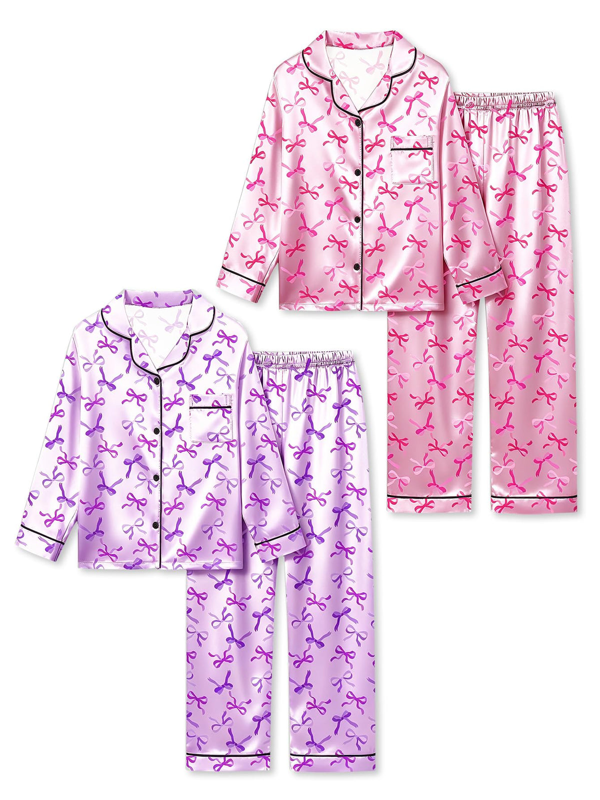 Satin Pajamas for Girls, 4-Piece Long Sleeve Silky Button Down PJ Set