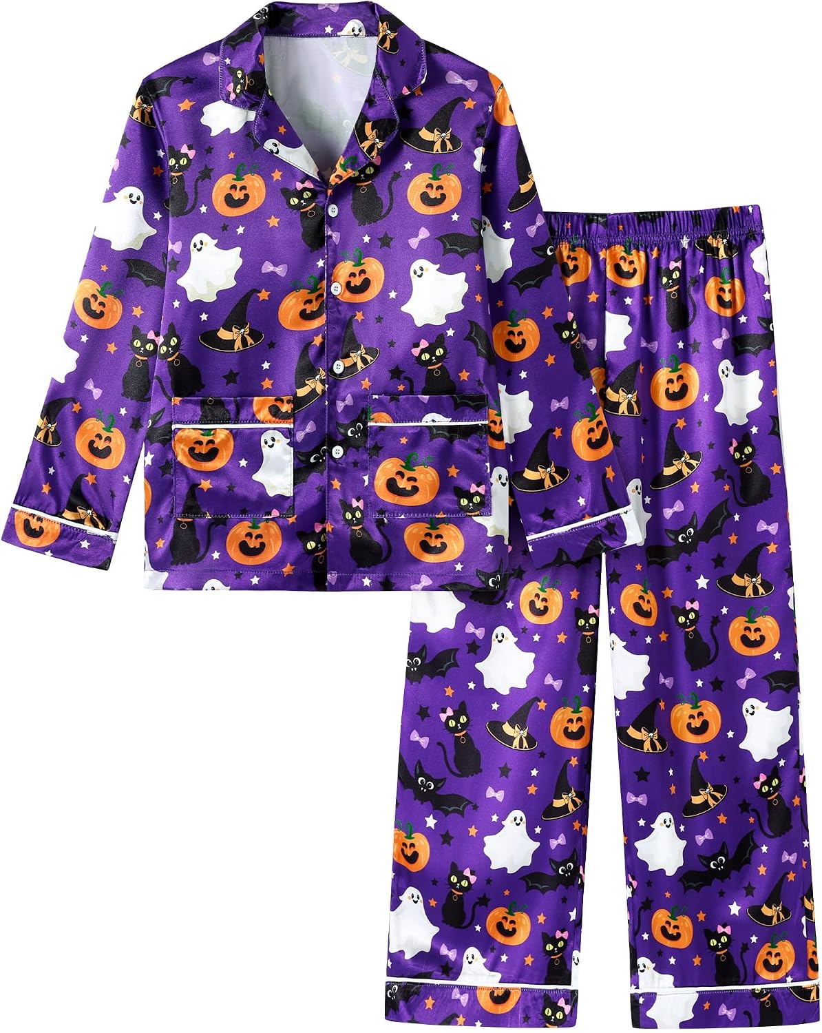 CARETOO Girls Pajama Set Satin Button-Down Long Sleeve Soft Sleepwear 5-14Y