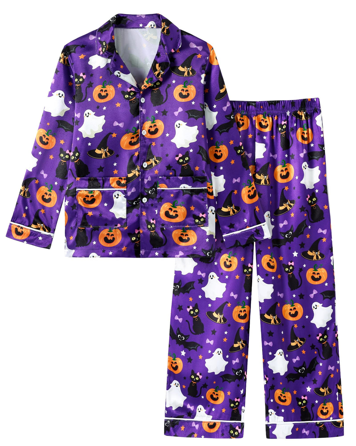 CARETOO Girls Pajama Set Satin Button-Down Long Sleeve Soft Sleepwear 5-14Y