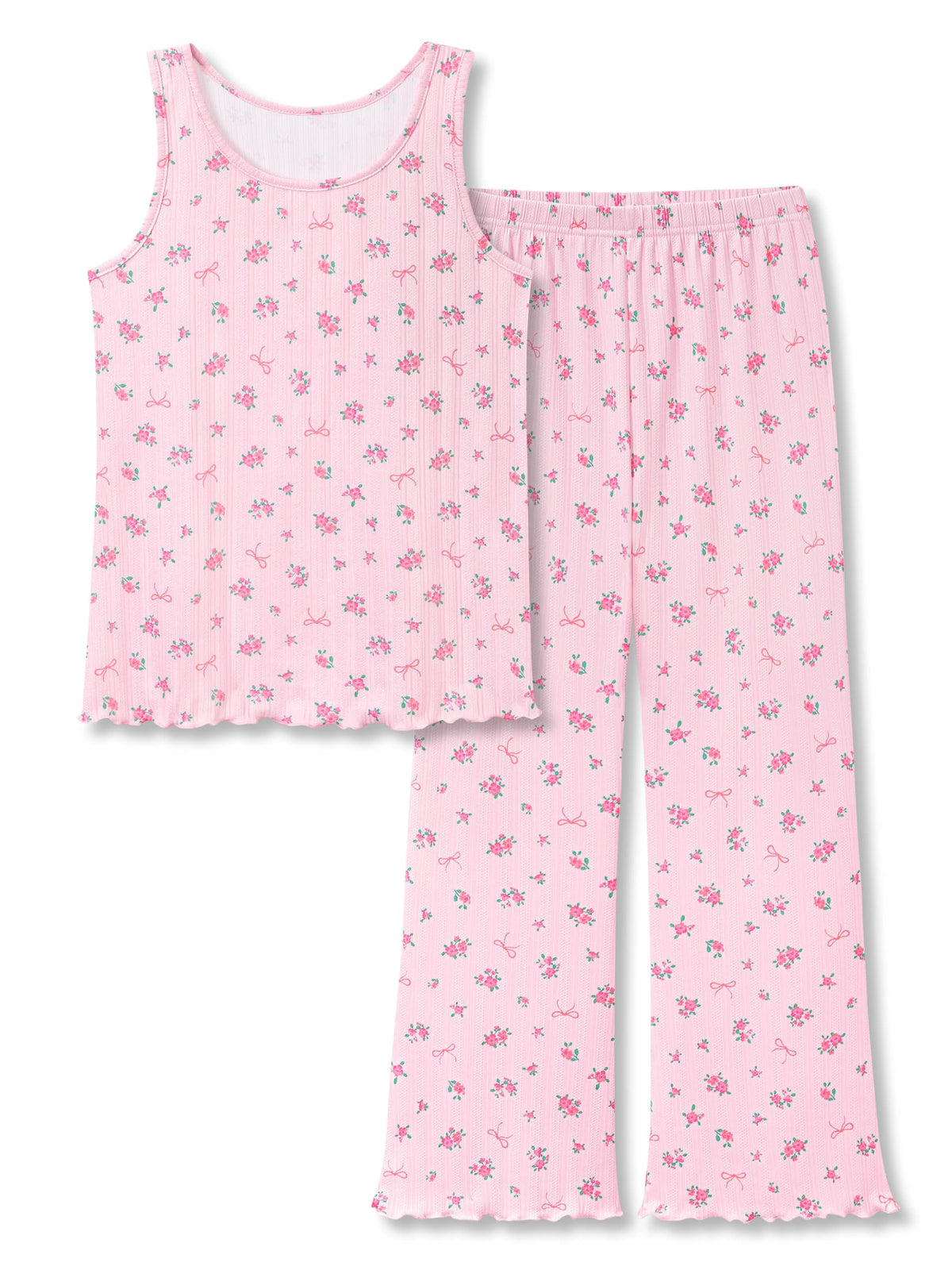 Beezizac Girls Pointelle Pajamas Floral Tank and Wide Leg Pants Size 6-18