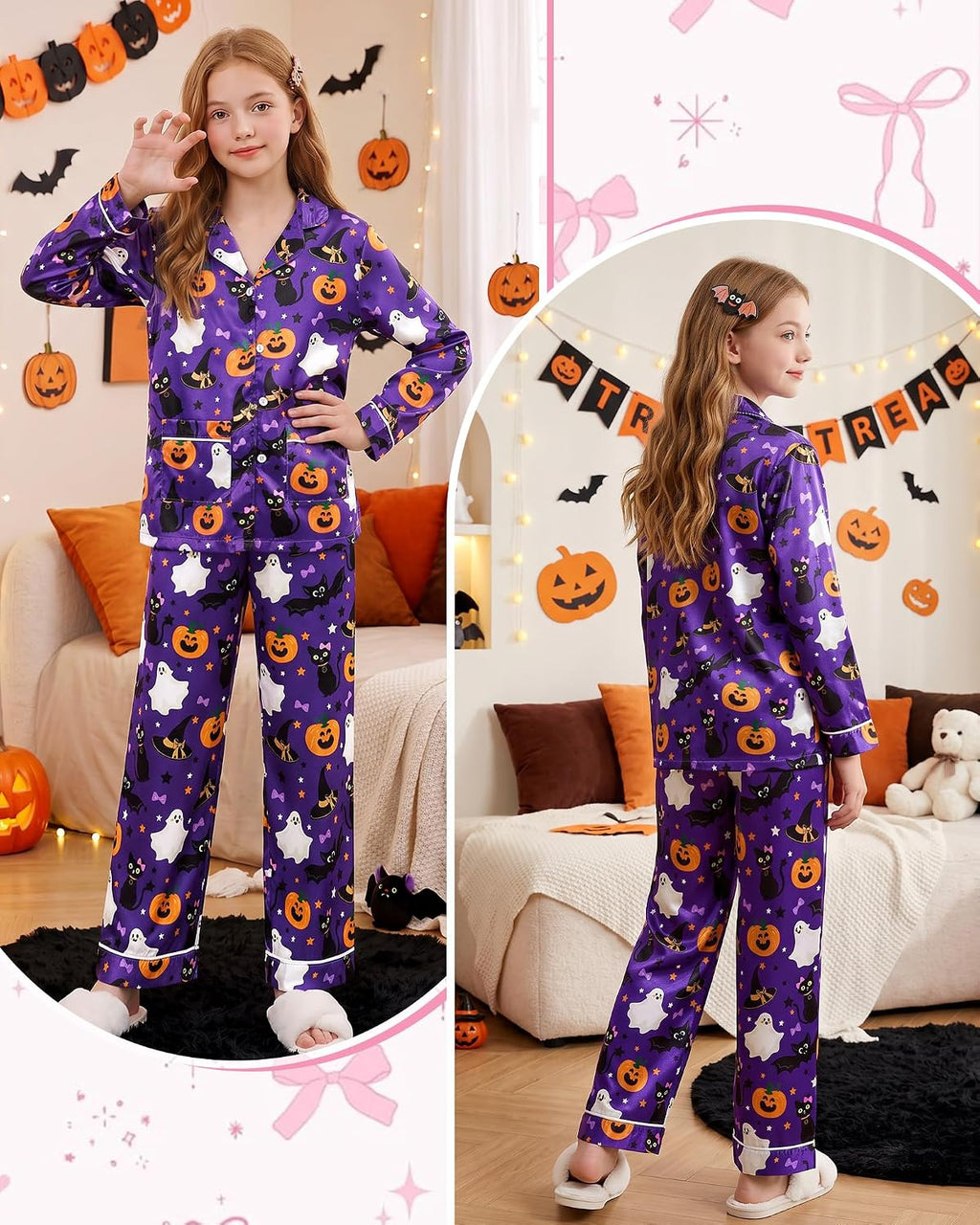 CARETOO Girls Pajama Set Satin Button-Down Long Sleeve Soft Sleepwear 5-14Y