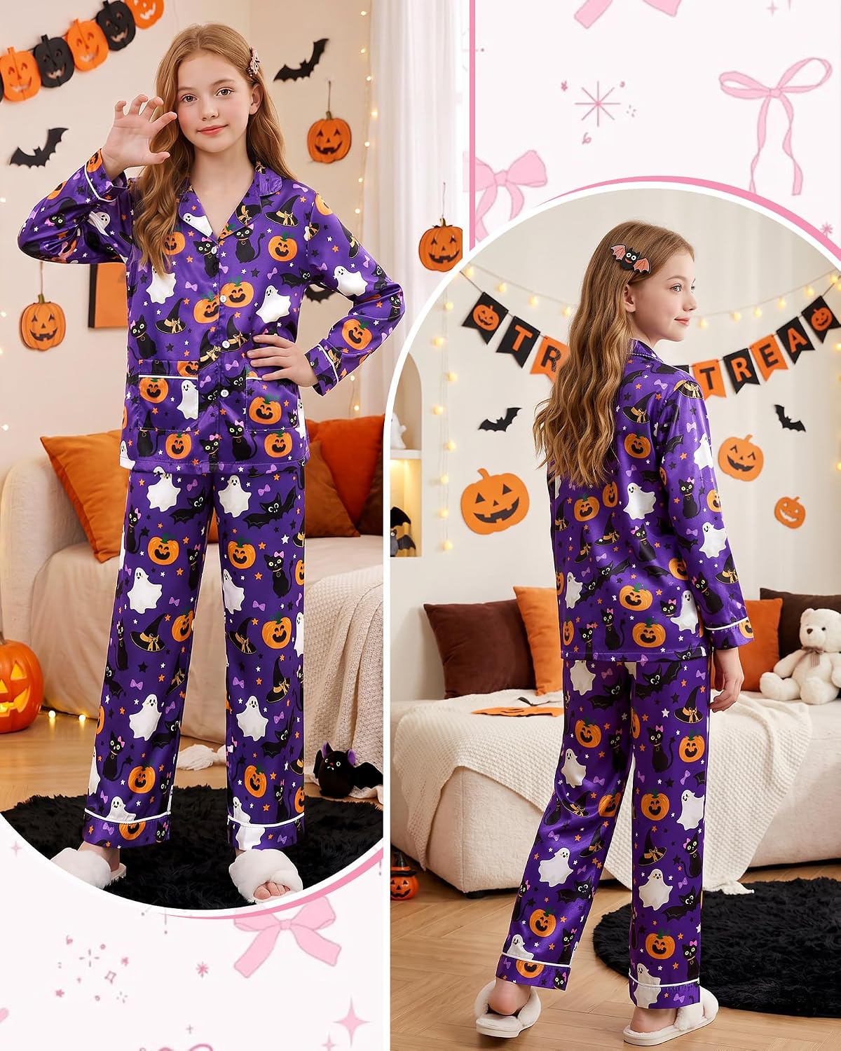 CARETOO Girls Pajama Set Satin Button-Down Long Sleeve Soft Sleepwear 5-14Y