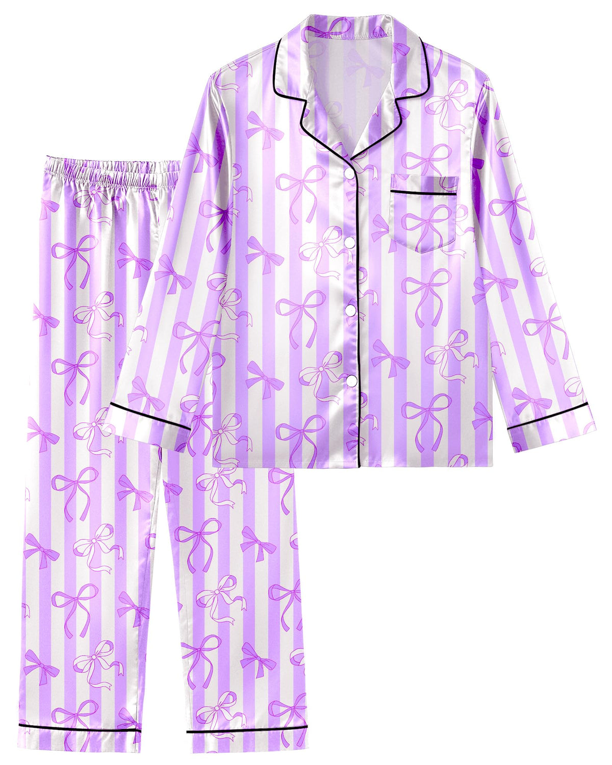 Girls Pajamas Satin Pajama Set Silky Bow Pjs Long Sleeve Button Down Sleepwear Loungewear Sets for Big Kids 7-14Y