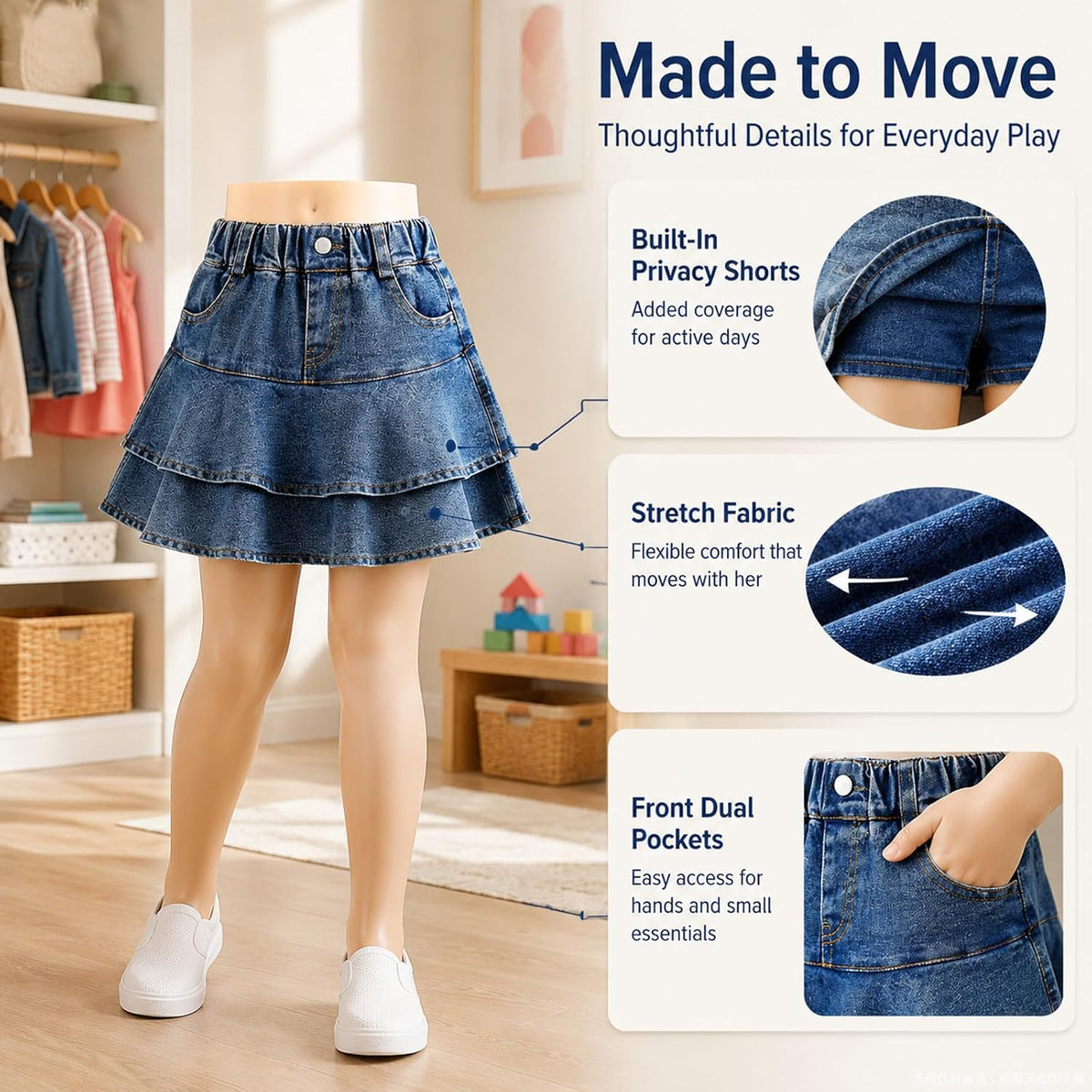 3-13Y Girls' Elastic Denim Skort, Mini Flared Pleated with Built-in Shorts