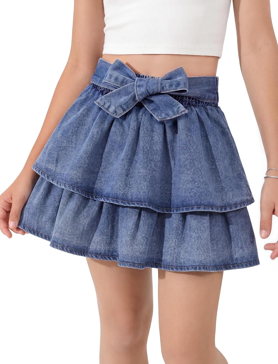 PATPAT Girls Denim Skirt Elastic Waist Jean Skort with Shorts Underneath