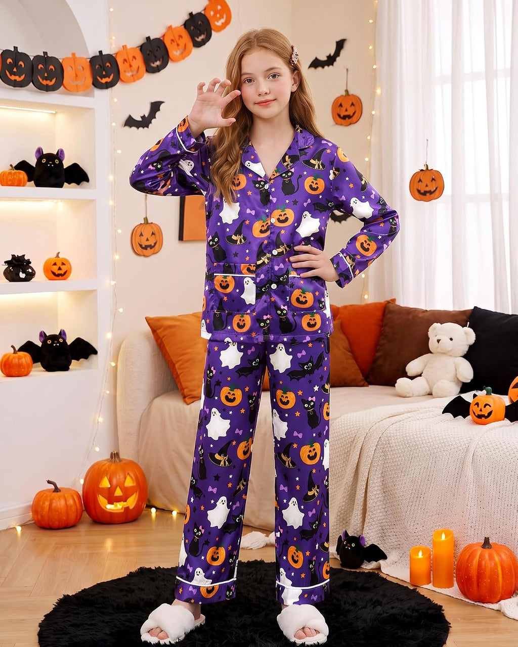 CARETOO Girls Pajama Set Satin Button-Down Long Sleeve Soft Sleepwear 5-14Y