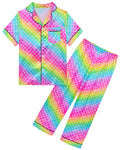Girls Pajamas Silky Short Sleeve Long Pants Cute Jammies Satin Sleepwear Pjs Set for Toddler Kids 3T-10Y