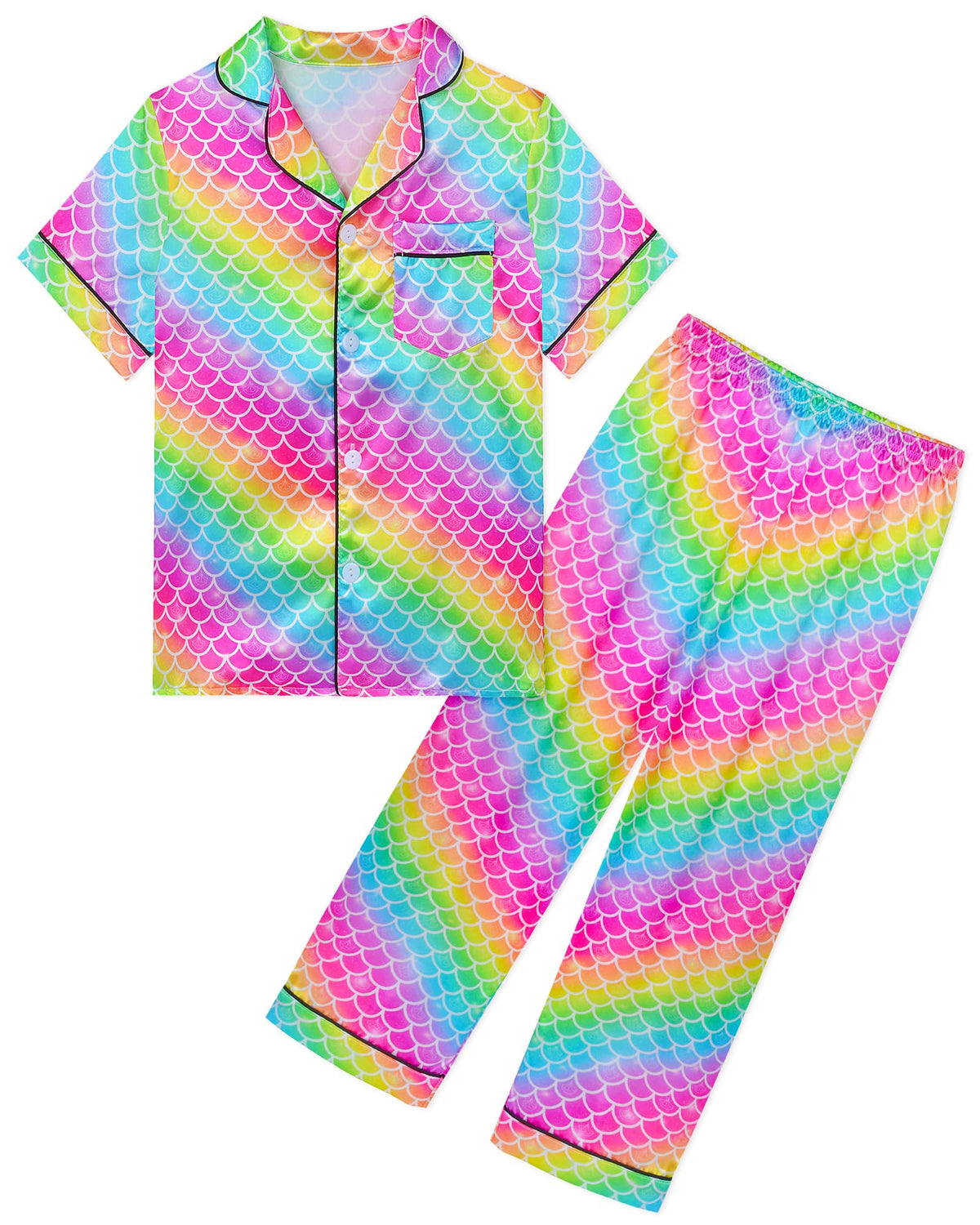 Girls Pajamas Silky Short Sleeve Long Pants Cute Jammies Satin Sleepwear Pjs Set for Toddler Kids 3T-10Y